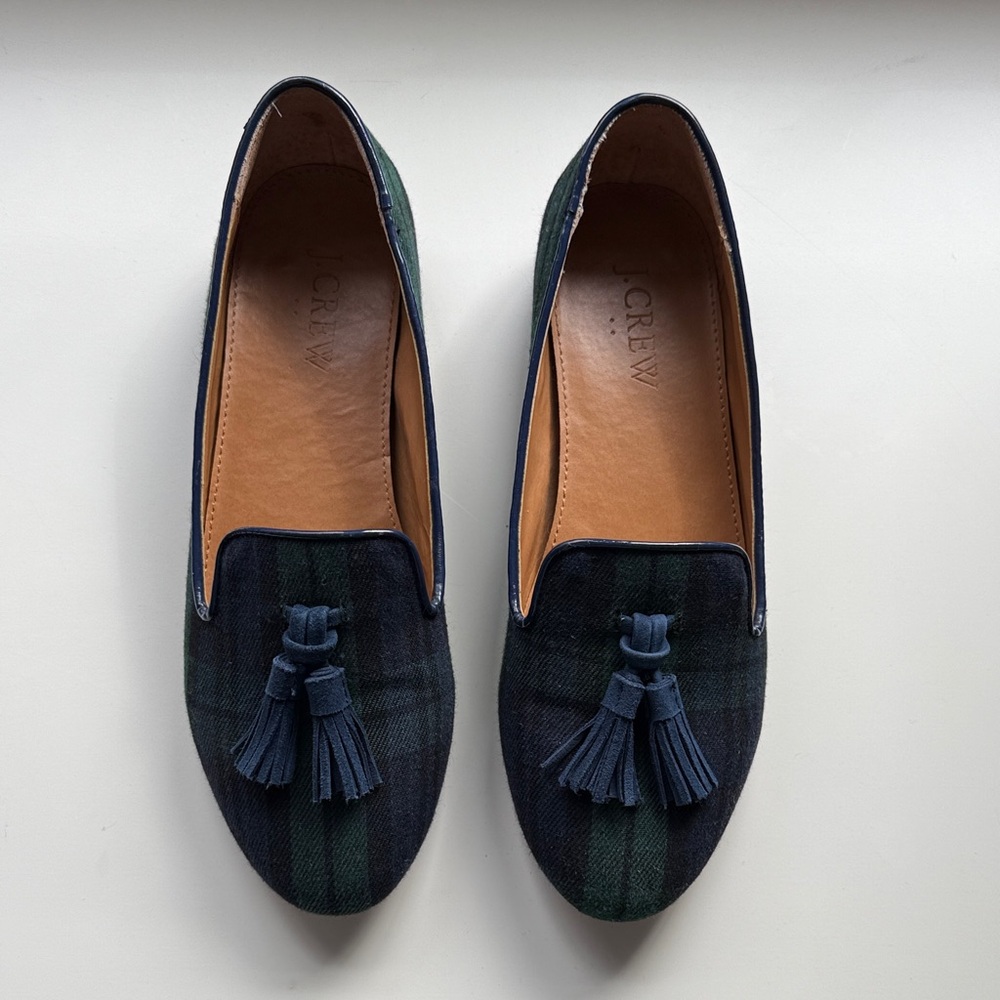 J. Crew Navy and Green Plaid Tassel Loafers